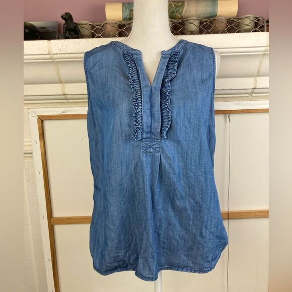 Talbots Tops - Talbots Blue chambray Sleeveless Ruffle accent Vneck Blouse